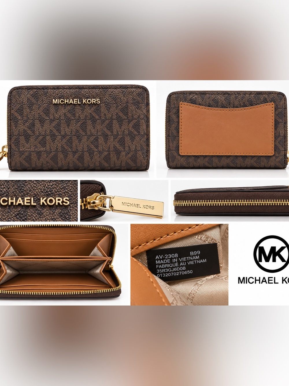 Michael Kors Brown Signature MK Logo Zip Around Wallet Card Holder